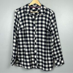 Talbots 100% cotton navy & white plaid button front shirt, medium.